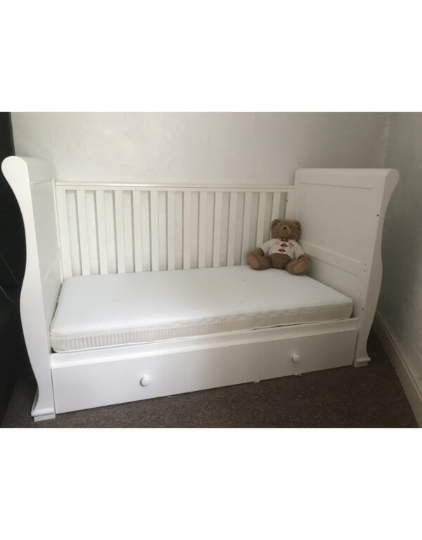 East Coast Alaska Cot Sleigh Bed With Mothercare Mattress 140 x 70 Adjustable Height, 0 - 7 years