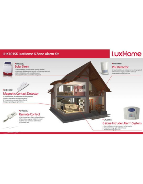 6 Zone LuxHome Wireless Alarm Kit 2 PIRs, 1 Panel, 1 Siren, 2 Door Detectors, 1 Remote
