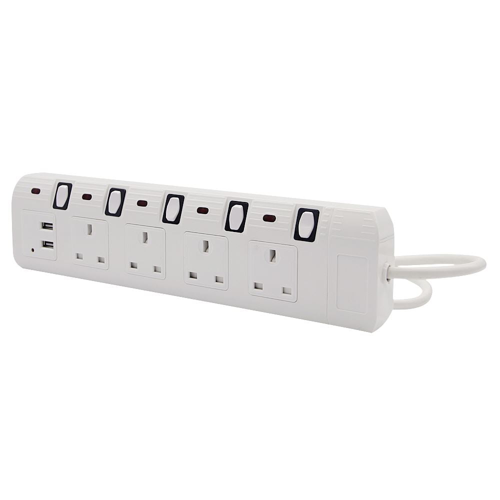 4 Way Gang Socket Mains 2M Cable 13A Extension Lead Switch & Surge 2xUSB DS2138 HomePower