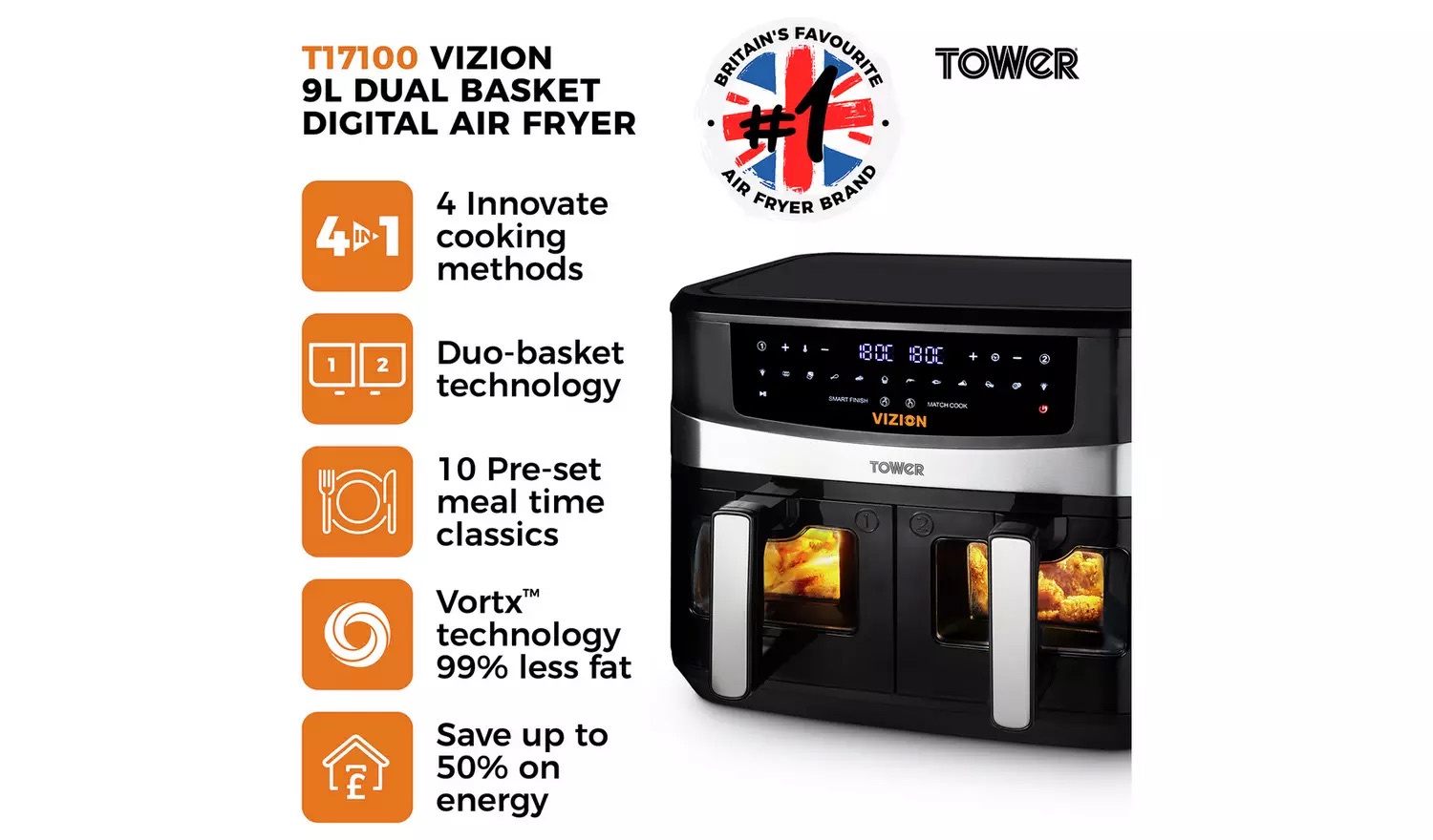 Tower T17100 Vortx Vizion Dual Basket 9L Air Fryer - Black - ThatOne.UK